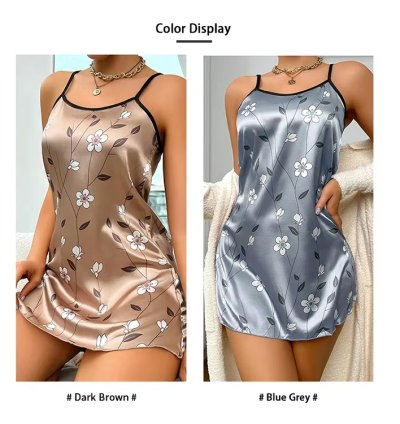 Women's Sleepwear Summer Floral Print Satin Nightgown Casual Sleeveless Backless Slip Night Dress Sexy Nightdress Home Clothes